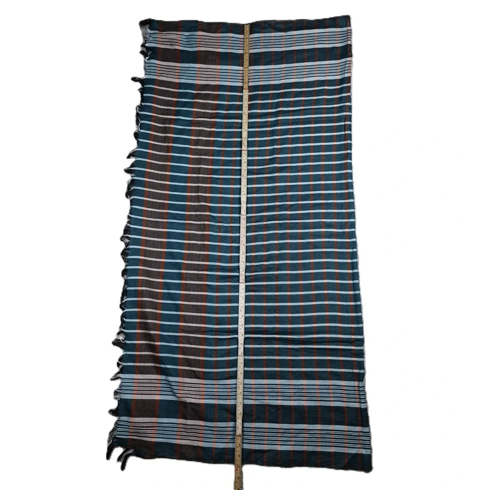 Teal Rust Orange Plaid Fringed Lightweight Woven Square Scarf